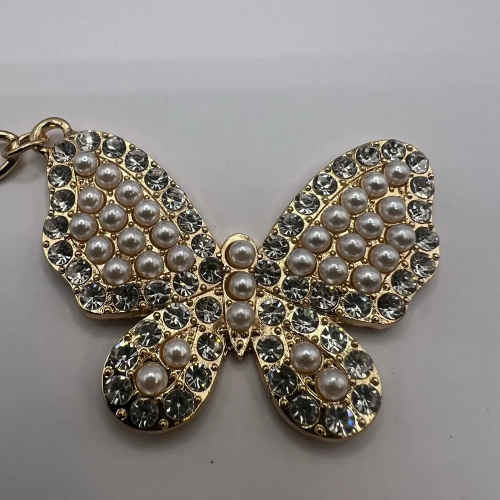 Brand New Gold Butterfly Keychain Faux Pearls and lots of Sparkle